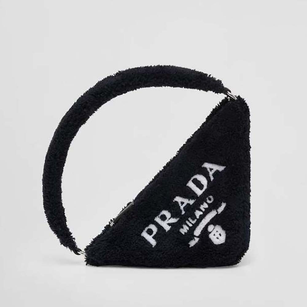 Front view of Prada Women Terrycloth Pouch with Embroidered Lettering Logo-Black