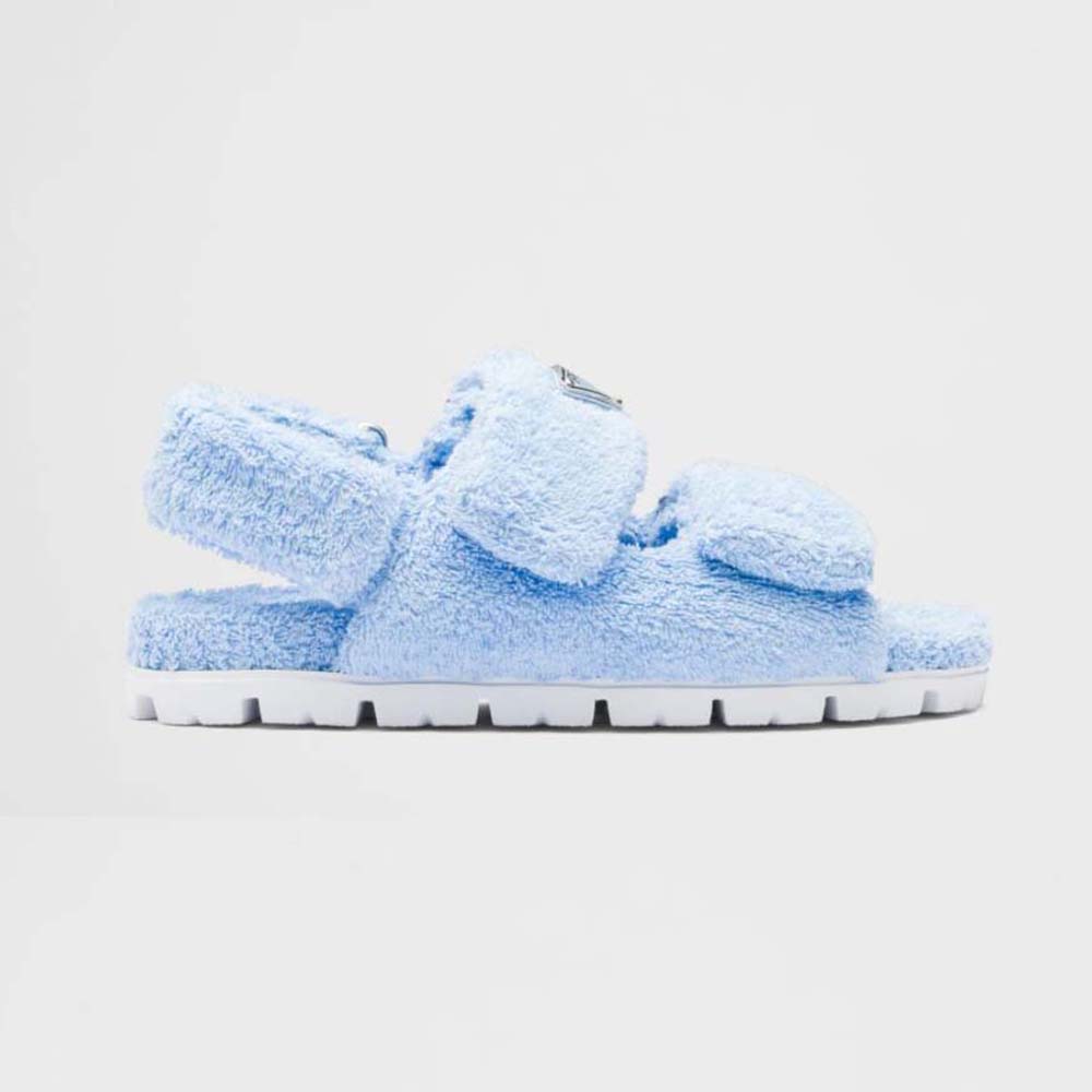 Side view of Prada Women Terrycloth Sandals with Enameled Metal Triangle Logo-Blue