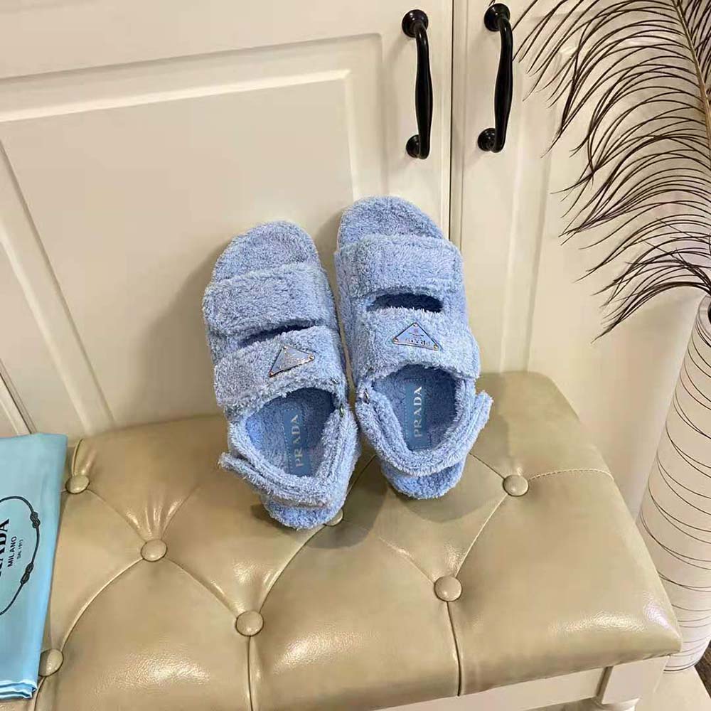 Top angle showing blue terrycloth upper on Prada Women Terrycloth Sandals