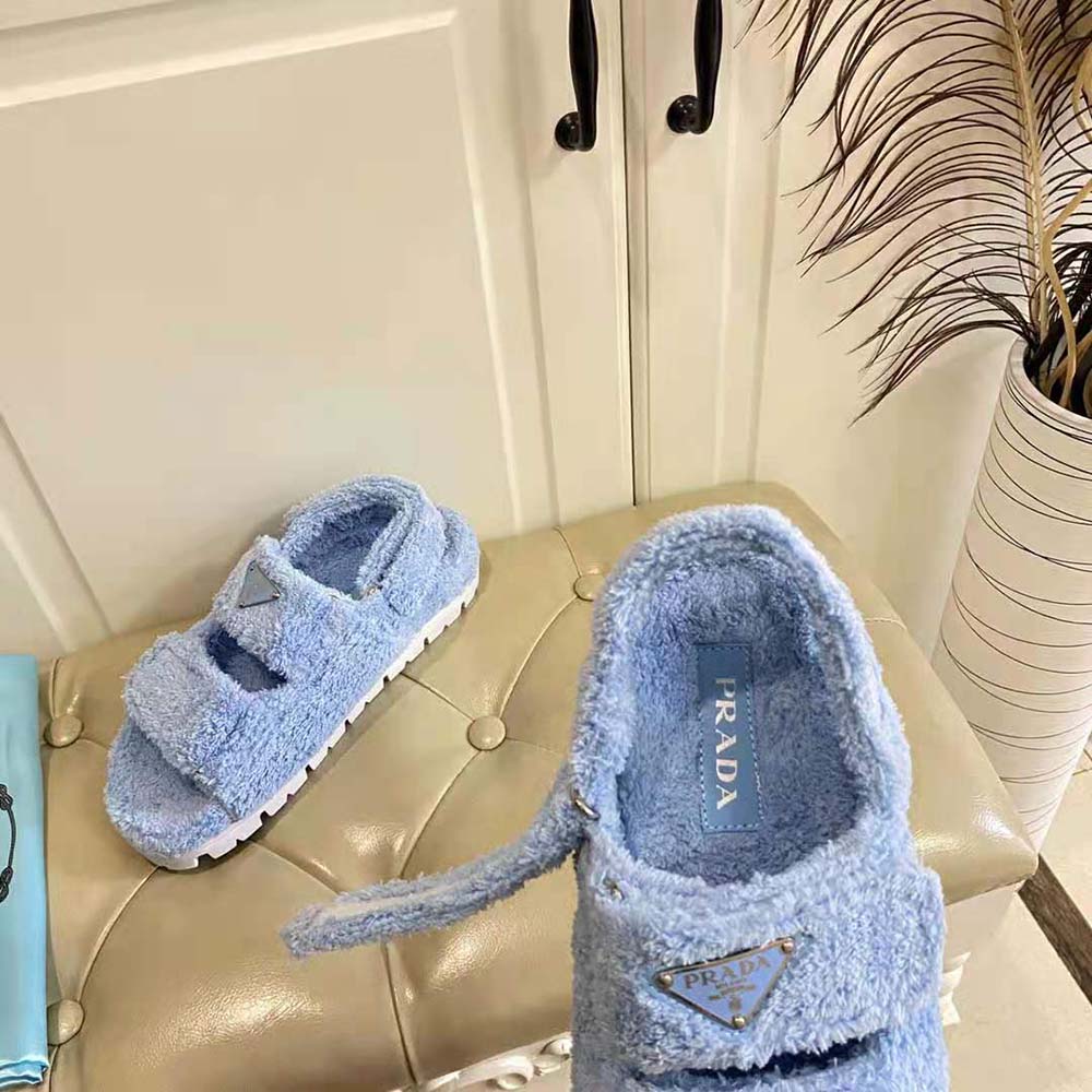 Prada Women Terrycloth Sandals with Enameled Metal Triangle Logo-Blue - image 7
