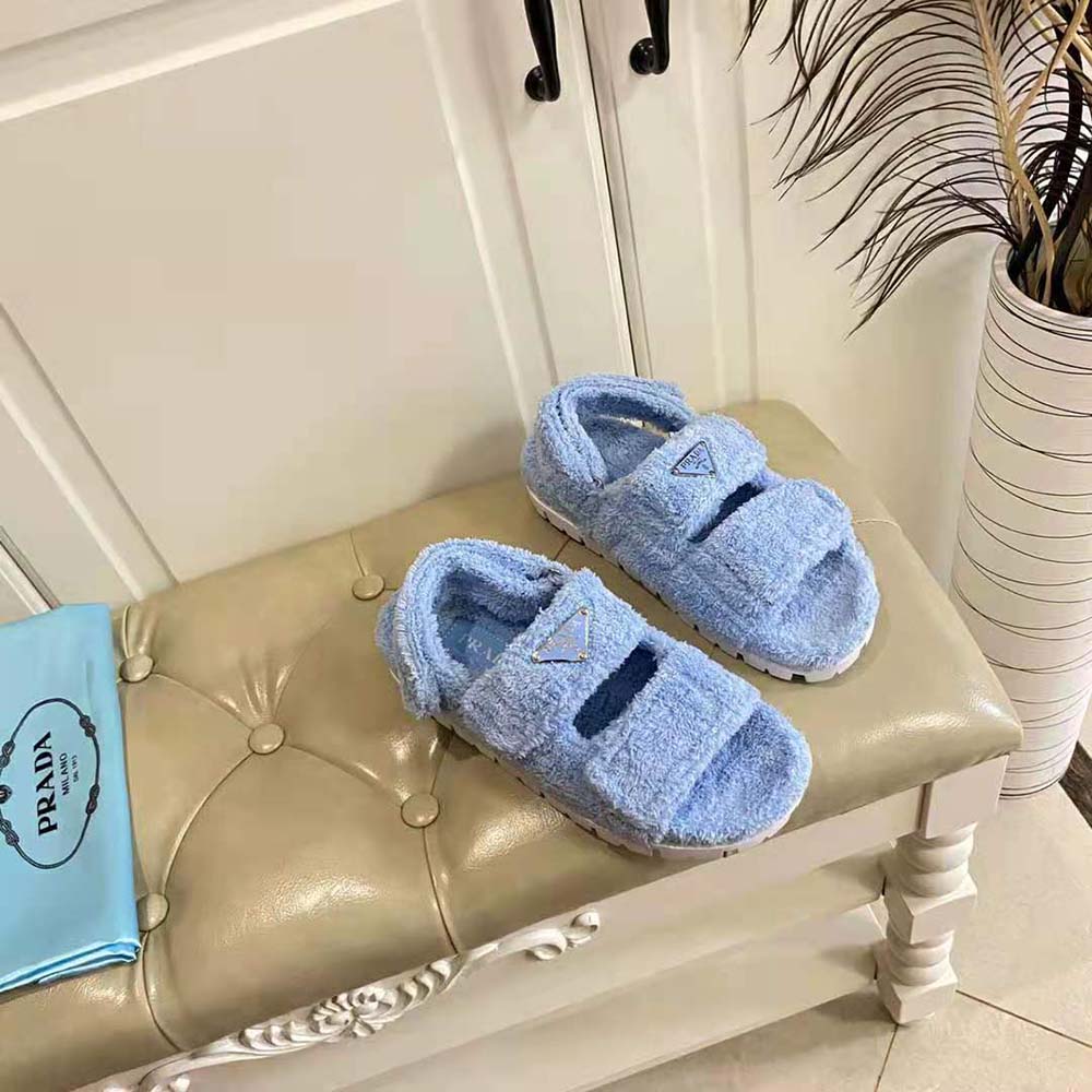Prada Women Terrycloth Sandals with Enameled Metal Triangle Logo-Blue - image 4