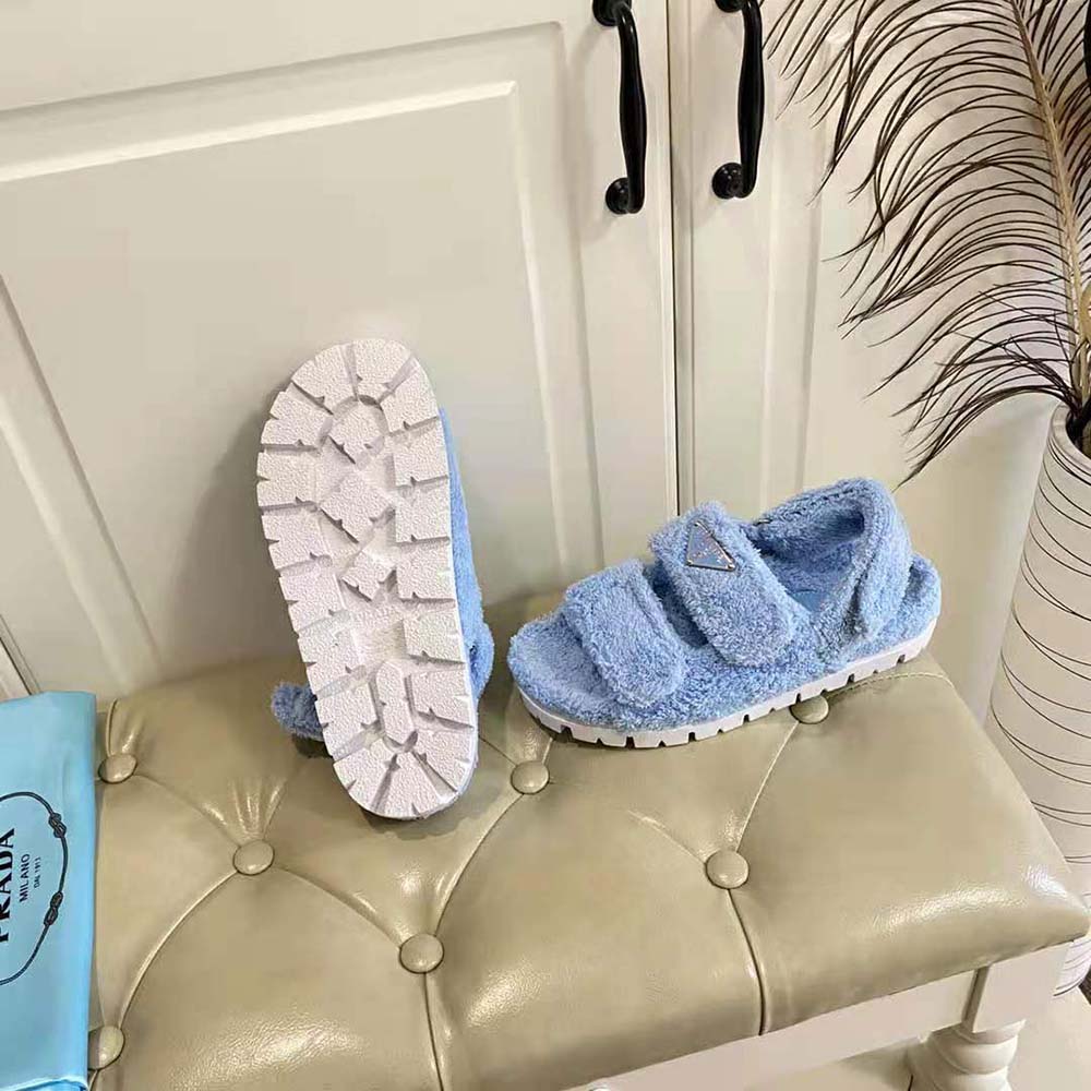 Prada Women Terrycloth Sandals with Enameled Metal Triangle Logo-Blue - image 8