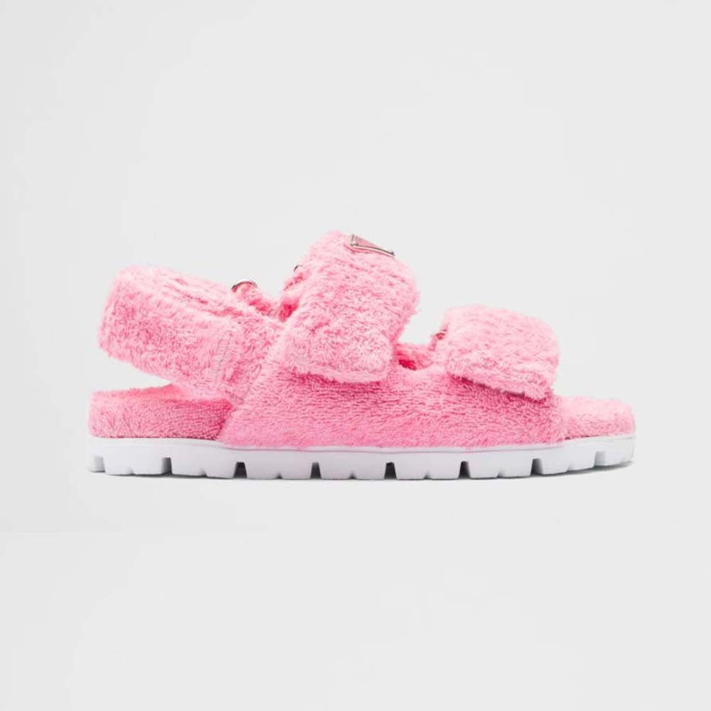 Side view of Prada Women Terrycloth Sandals with Enameled Metal Triangle Logo-Pink