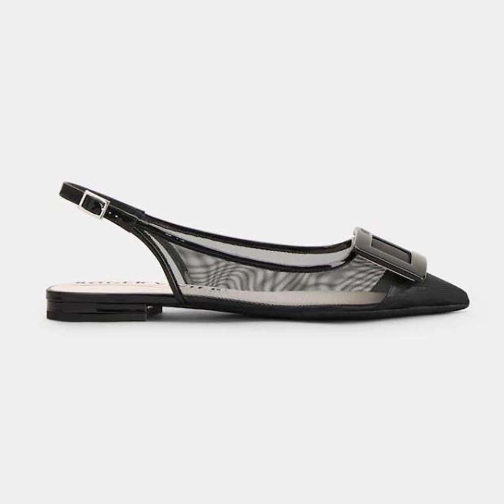 Side view of Roger Vivier Gommettine Net Lacquered Buckle Slingback Ballerinas in Black