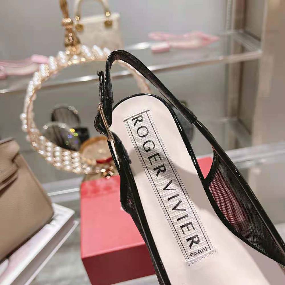 Roger Vivier Women Gommettine Net Lacquered Buckle Slingback Ballerinas in Fabric-Black - image 8
