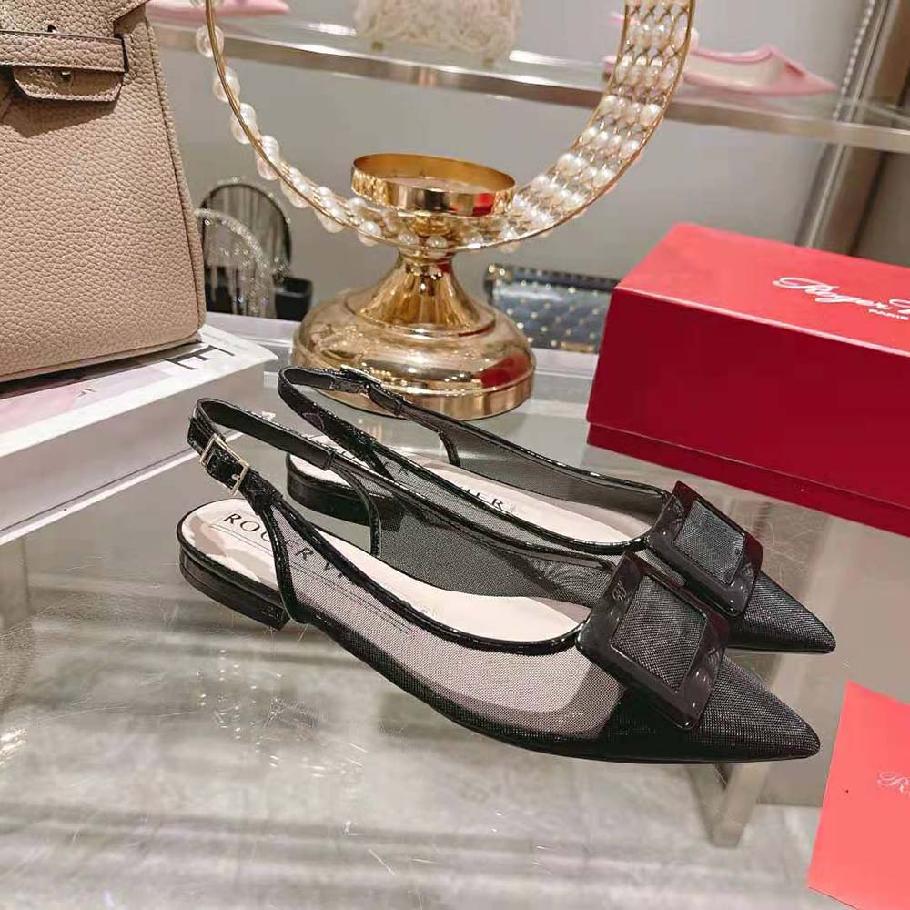 Top view showing black net fabric and slingback strap of Roger Vivier ballerinas