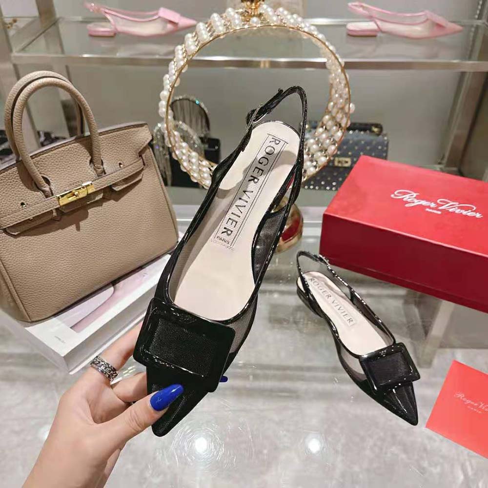 Roger Vivier Women Gommettine Net Lacquered Buckle Slingback Ballerinas in Fabric-Black - image 6