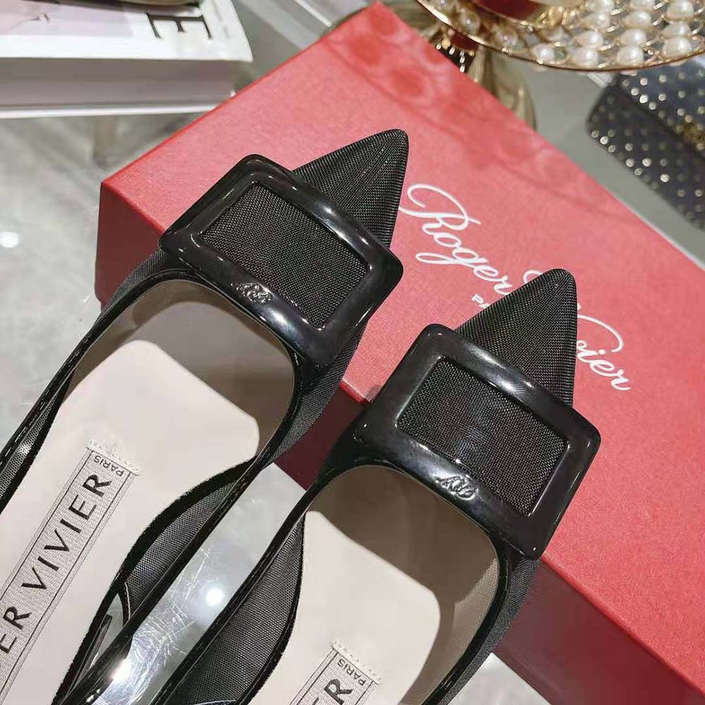 Roger Vivier Women Gommettine Net Lacquered Buckle Slingback Ballerinas in Fabric-Black - image 9