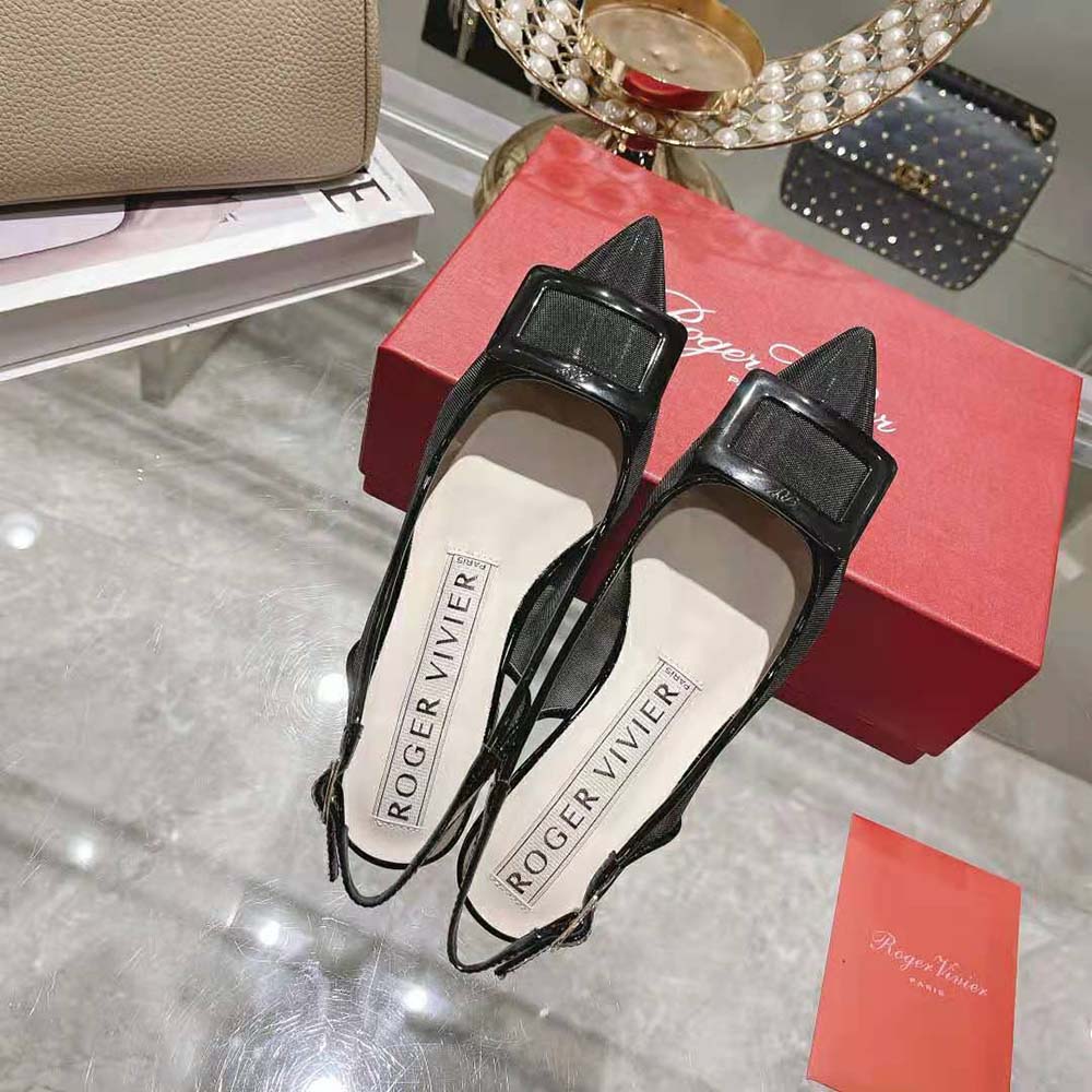 Roger Vivier Women Gommettine Net Lacquered Buckle Slingback Ballerinas in Fabric-Black - image 5
