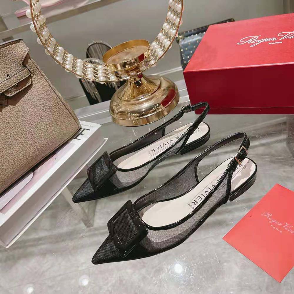 Roger Vivier Women Gommettine Net Lacquered Buckle Slingback Ballerinas in Fabric-Black - image 4