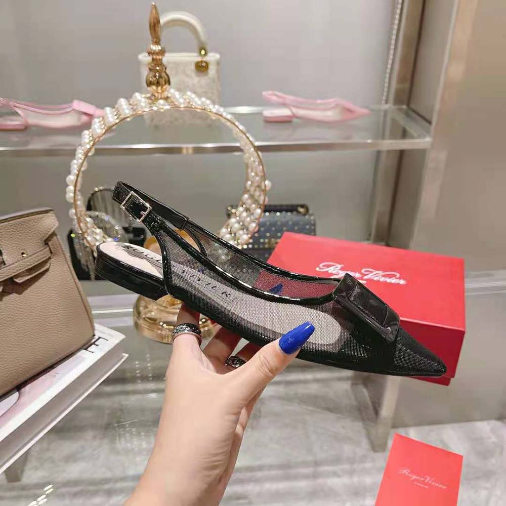 Roger Vivier Women Gommettine Net Lacquered Buckle Slingback Ballerinas in Fabric-Black - image 7