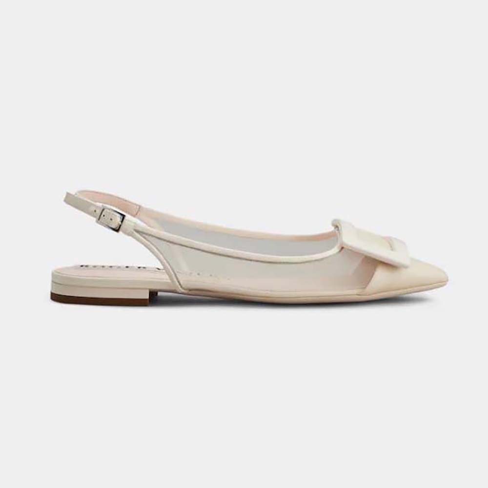 Side view of Roger Vivier Women Gommettine Net Lacquered Buckle Slingback Ballerinas in Fabric-White