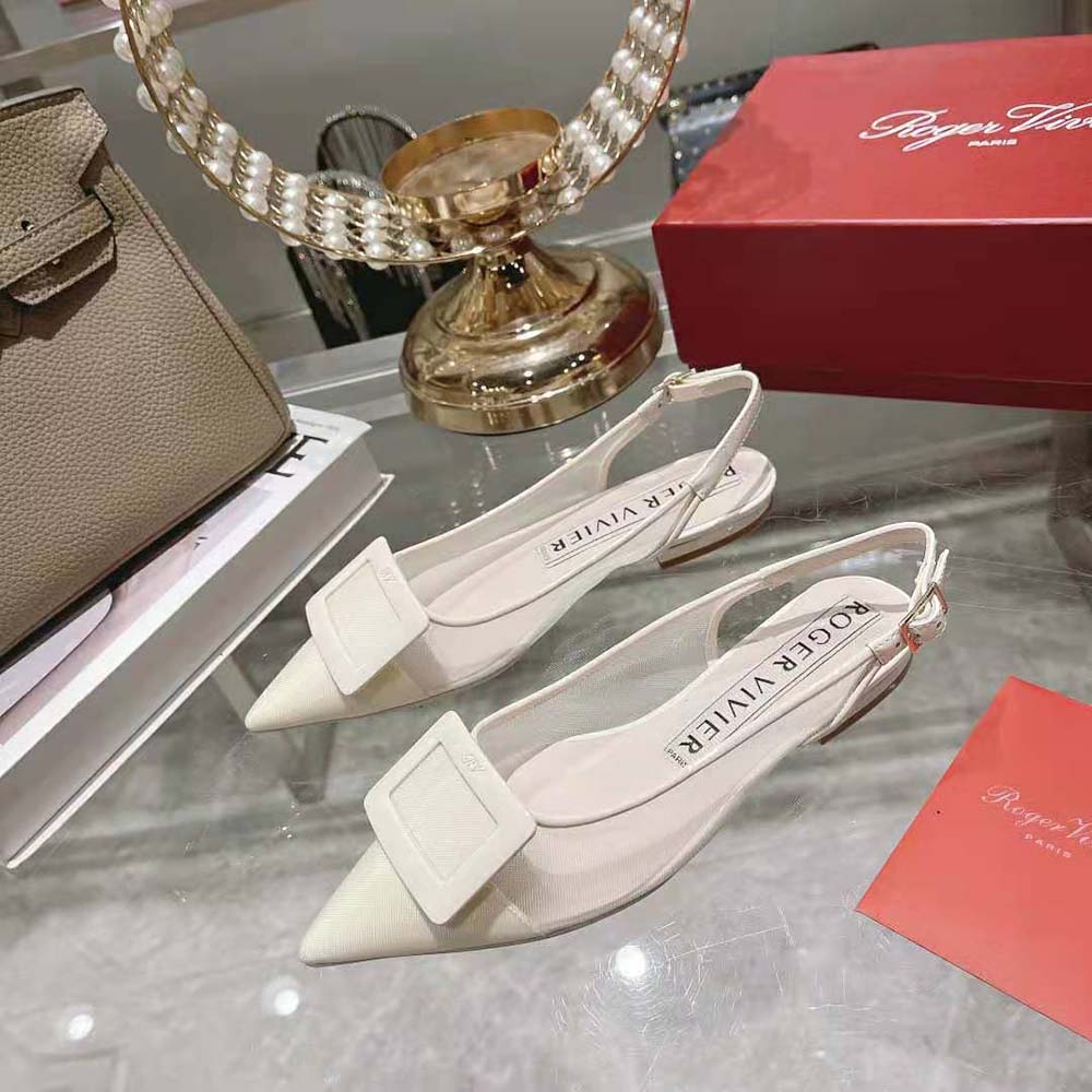 Roger Vivier Women Gommettine Net Lacquered Buckle Slingback Ballerinas in Fabric-White - image 4