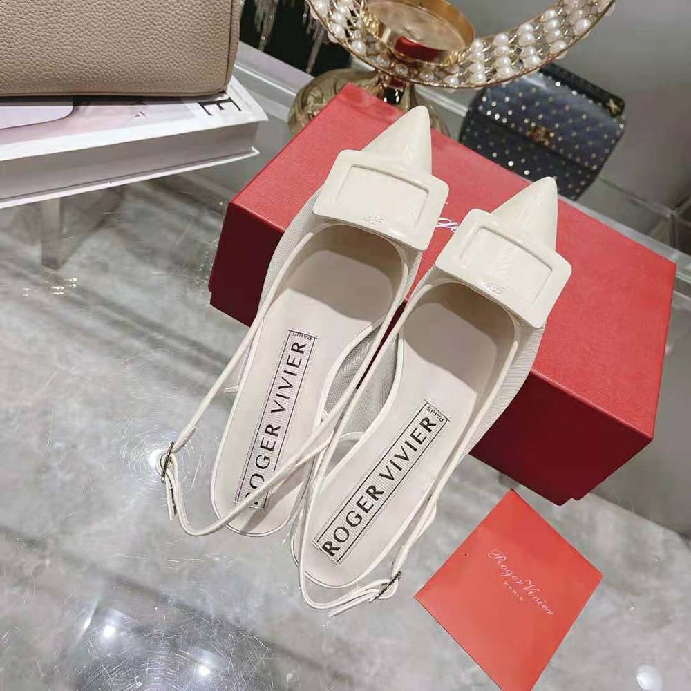 Roger Vivier Women Gommettine Net Lacquered Buckle Slingback Ballerinas in Fabric-White - image 5