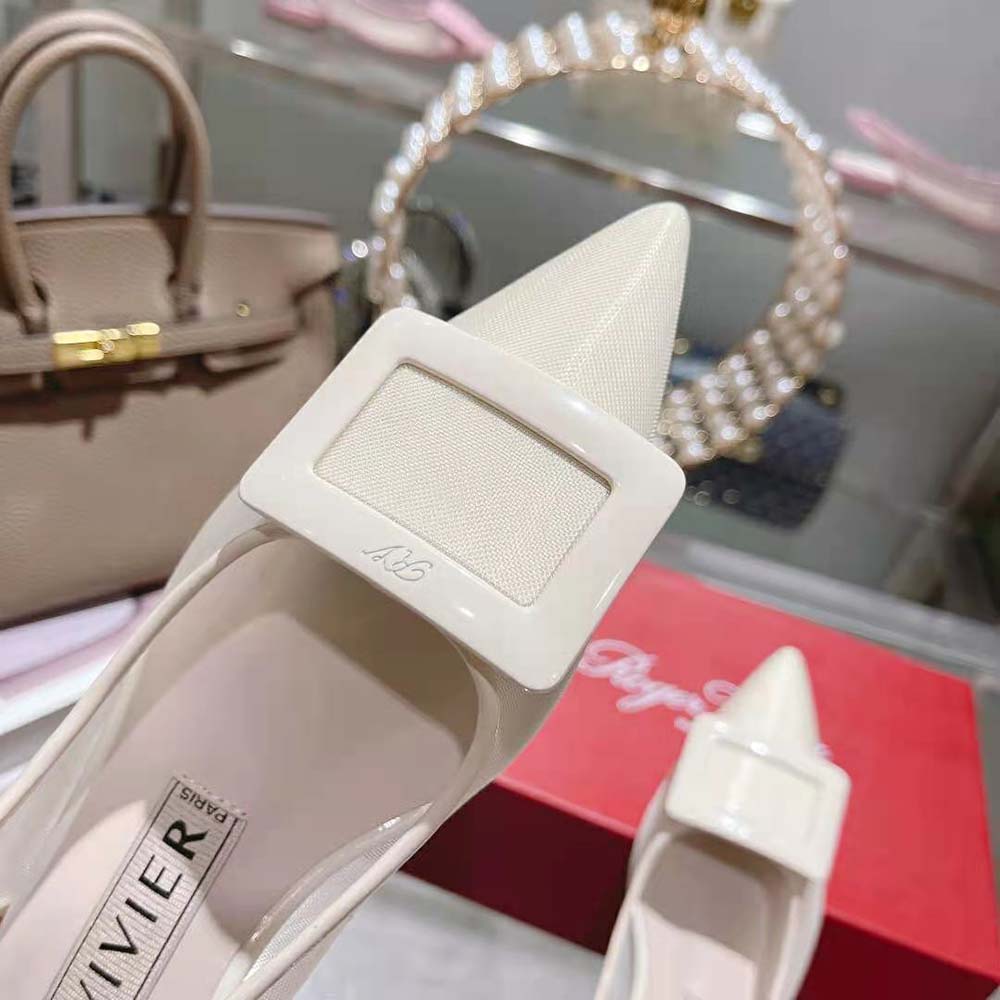Roger Vivier Women Gommettine Net Lacquered Buckle Slingback Ballerinas in Fabric-White - image 9