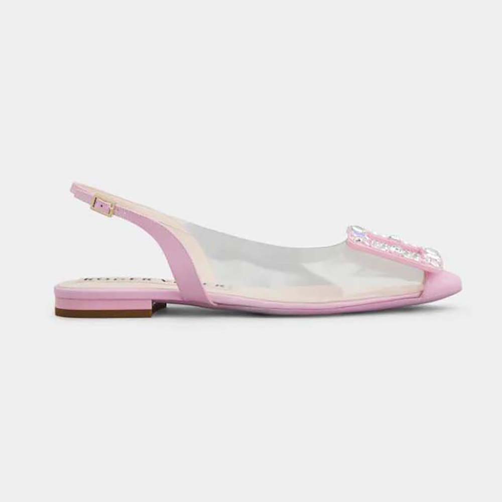 Side view of Roger Vivier Women Gommettine Strass Buckle Slingback Ballerinas in PVC-Pink