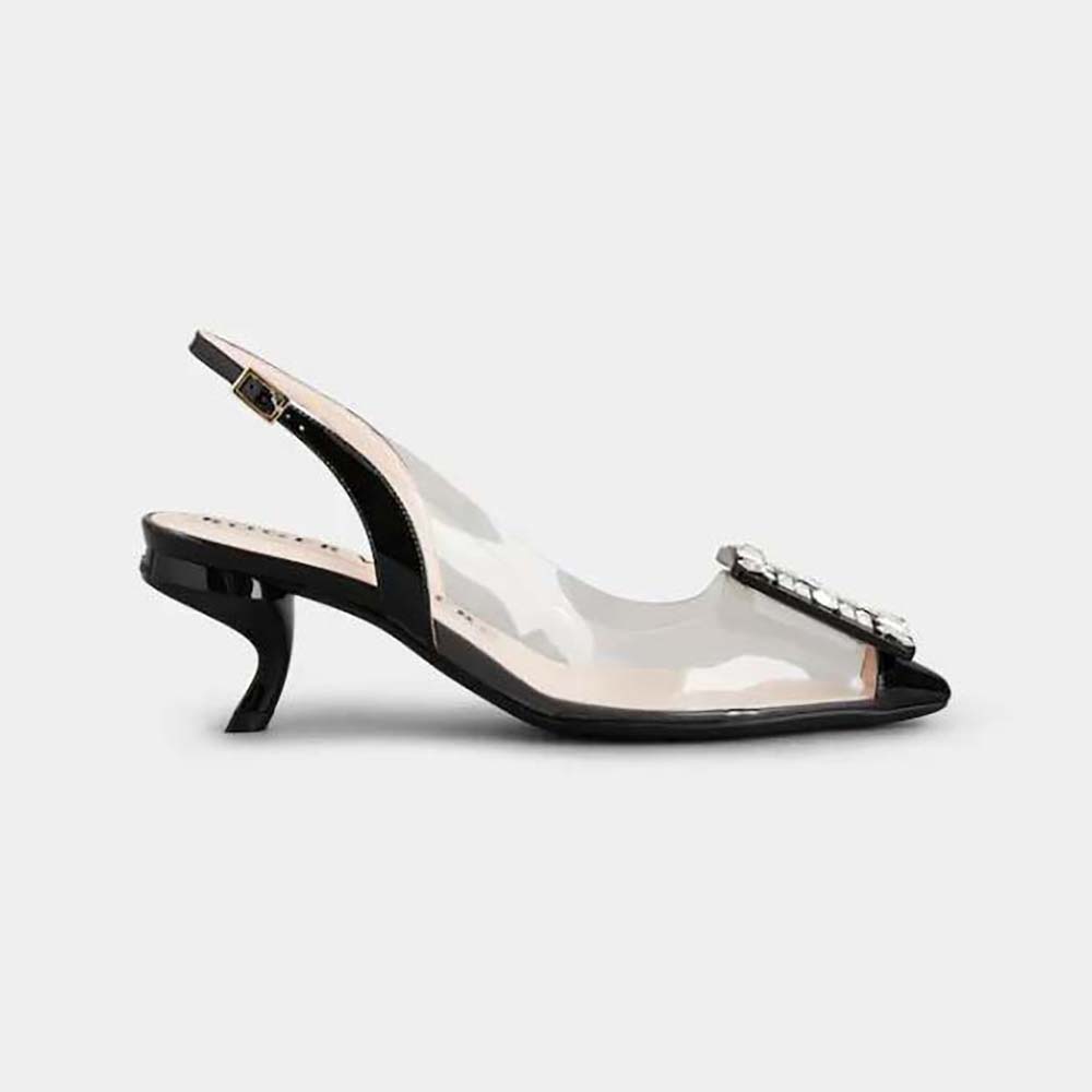 Side angle of Roger Vivier Women Virgule Strass Buckle Slingback Pumps in PVC-Black