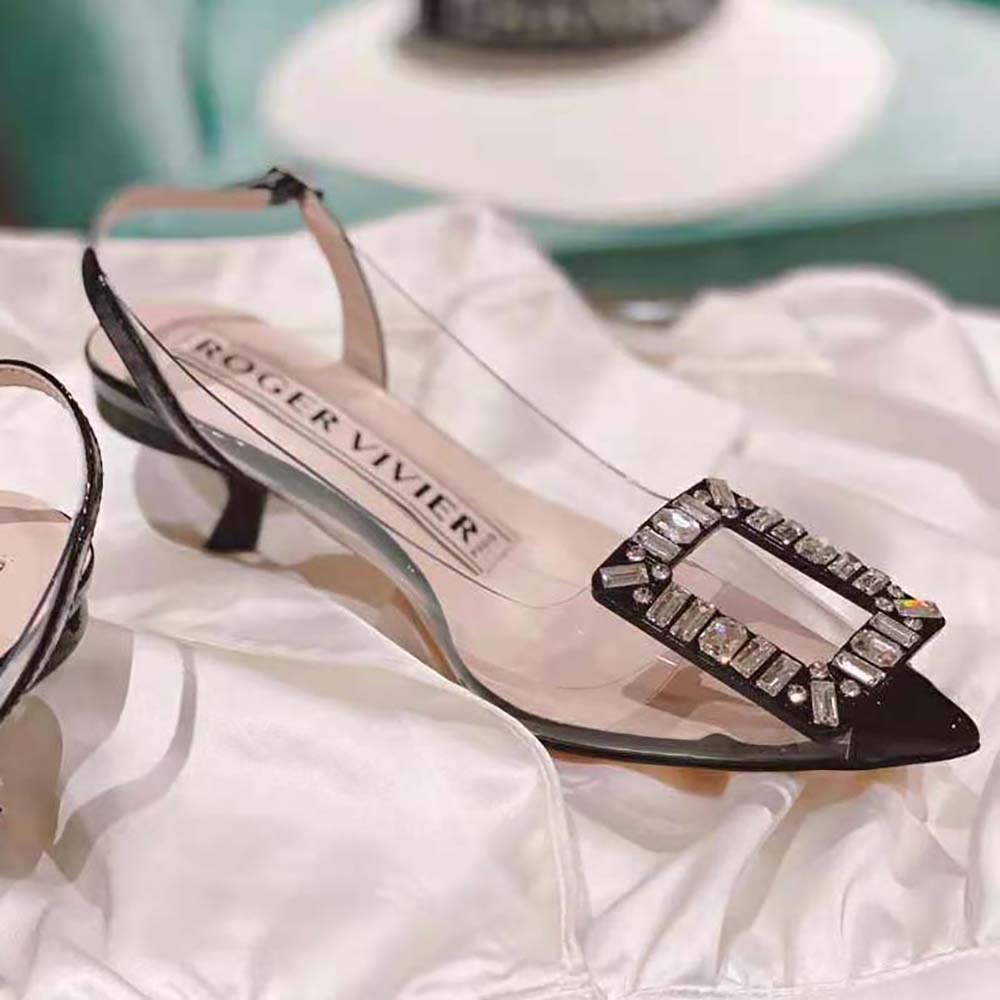 Roger Vivier Women Virgule Strass Buckle Slingback Pumps in PVC-Black - image 7