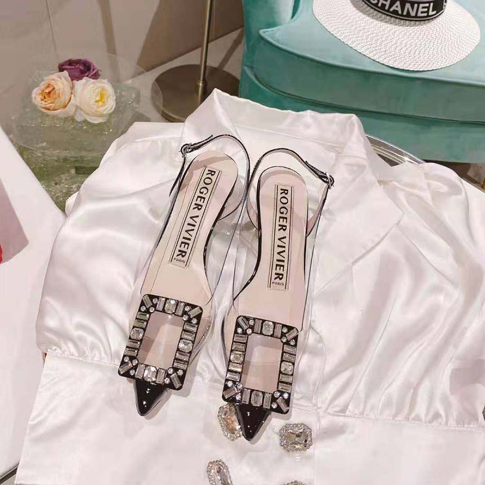 Close-up of crystal buckle detail on Roger Vivier Women Virgule Slingbacks