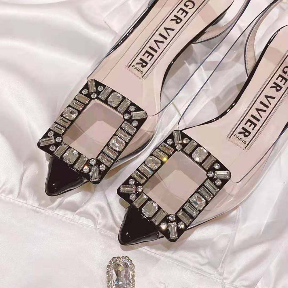 Roger Vivier Women Virgule Strass Buckle Slingback Pumps in PVC-Black - image 9