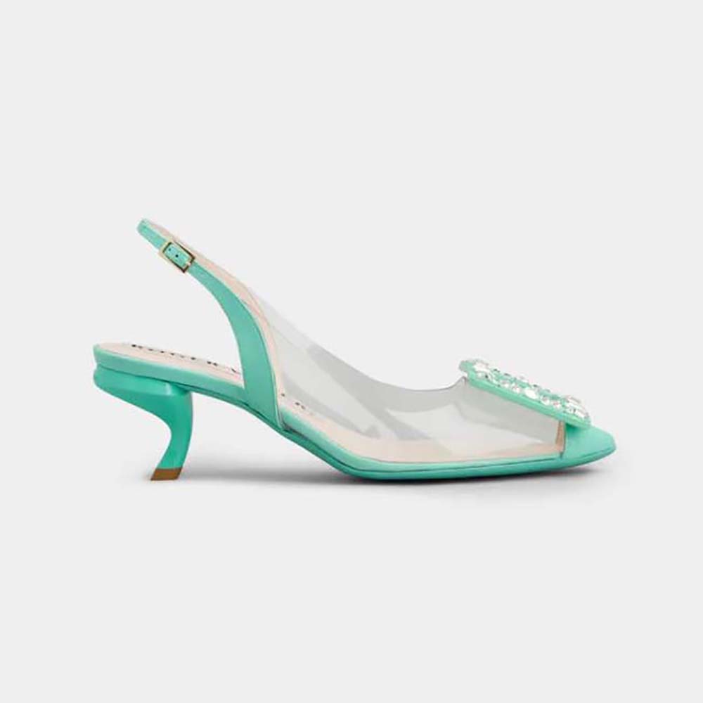 Side view of Roger Vivier Women Virgule Strass Buckle Slingback Pumps in PVC-Lime