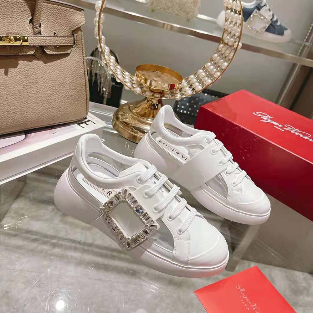 Side profile of Roger Vivier Women Viv’ Skate Strass Buckle Sneakers white