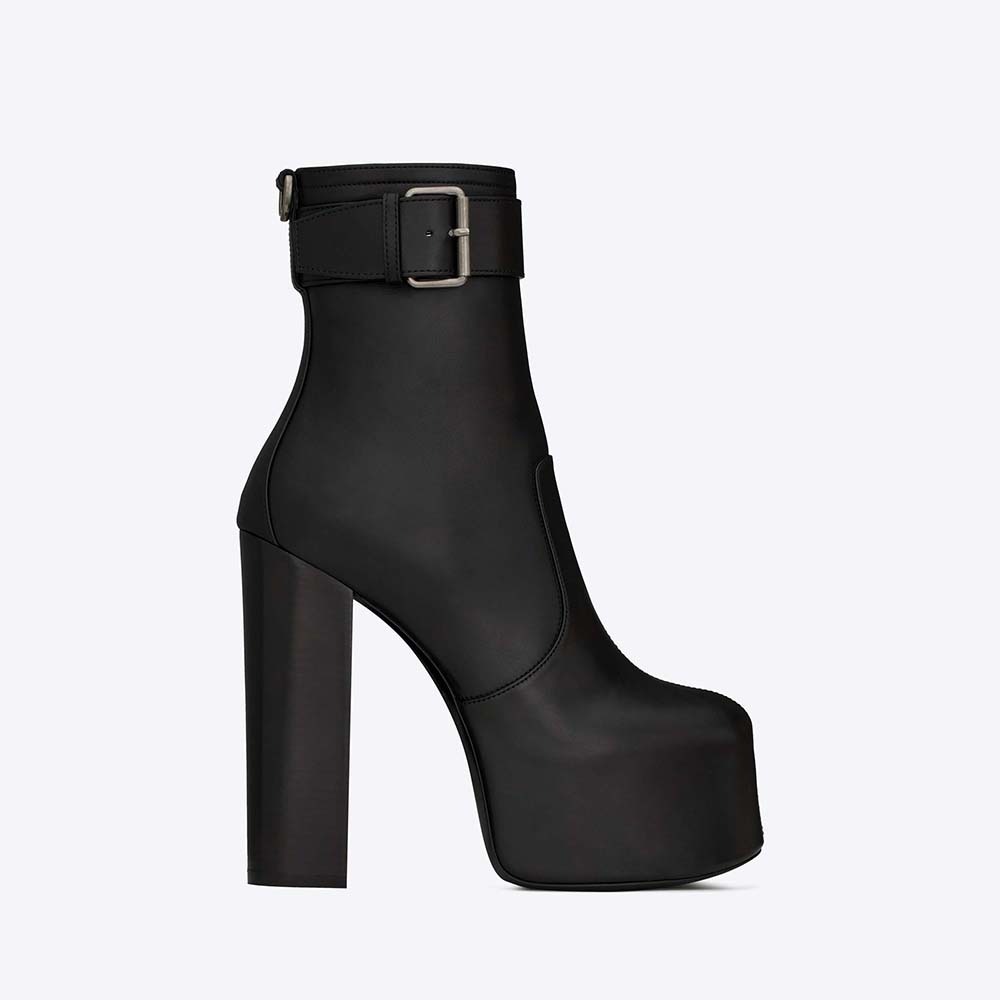 Front angled view of Saint Laurent YSL Women Cherry Buckle Platform Booties in black leather