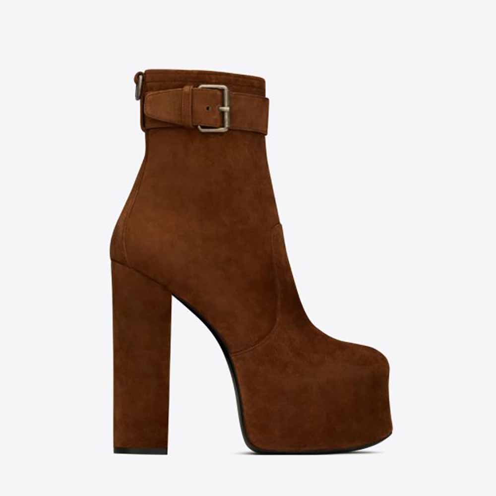 Side view of Saint Laurent YSL Women Cherry Buckle Platform Booties in Suede-Brown