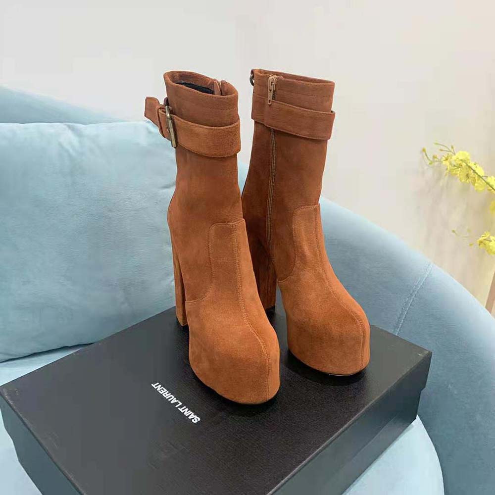 Close-up on cherry buckle detail of Saint Laurent YSL Women Cherry Buckle Platform Booties