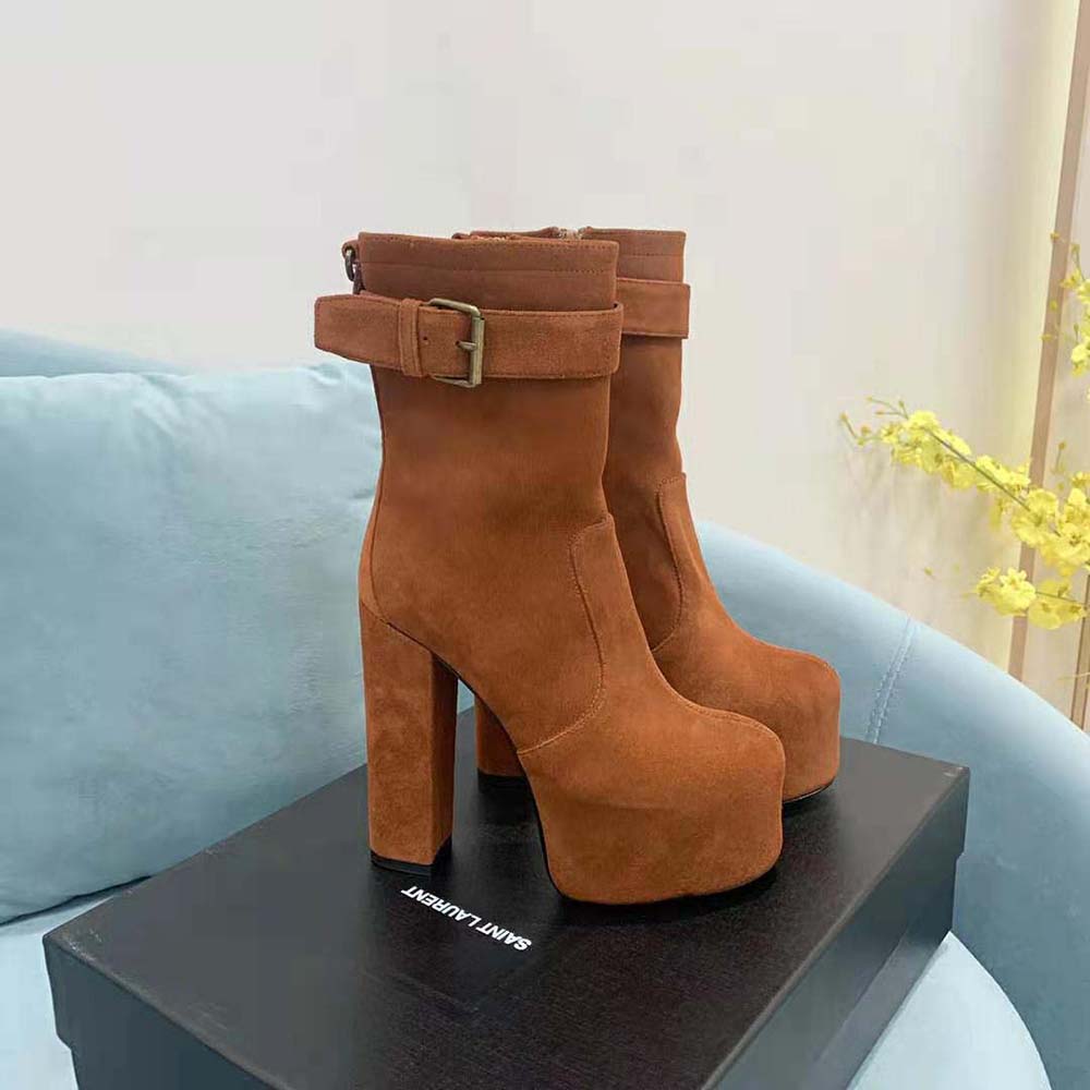 Saint Laurent YSL Women Cherry Buckle Platform Booties in Suede-Brown - image 4