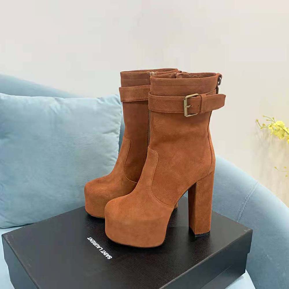 Saint Laurent YSL Women Cherry Buckle Platform Booties in Suede-Brown - image 5