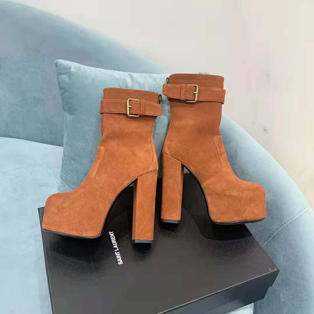 Top-down angle showing brown suede texture of Saint Laurent YSL Women Cherry Buckle Platform Booties