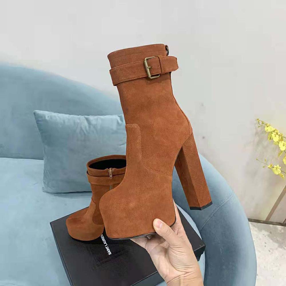 Saint Laurent YSL Women Cherry Buckle Platform Booties in Suede-Brown - image 7
