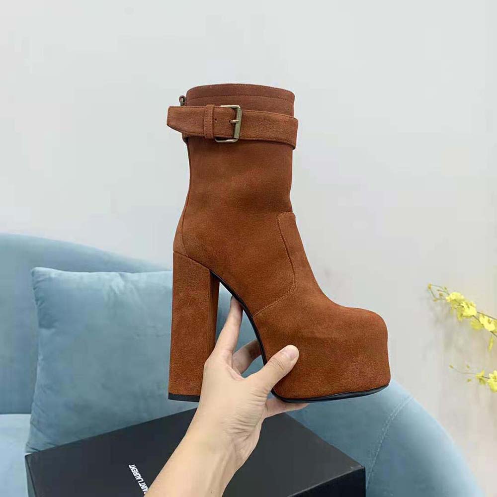 Saint Laurent YSL Women Cherry Buckle Platform Booties in Suede-Brown - image 6