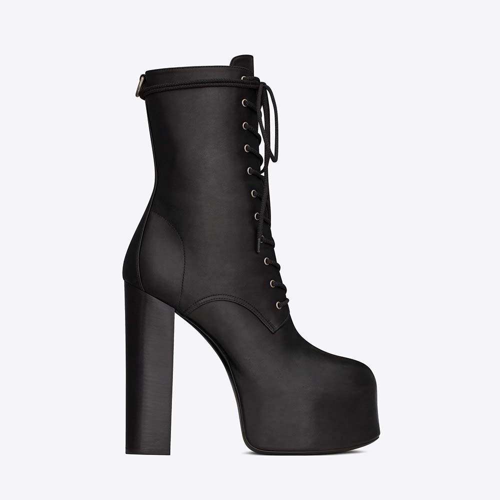 Side angle of Saint Laurent YSL Women Cherry Lace-up Platform Booties in black leather