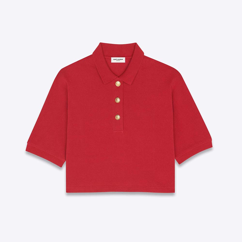Front view of Saint Laurent YSL Women Cropped Polo Shirt in Cotton Piqué-Red