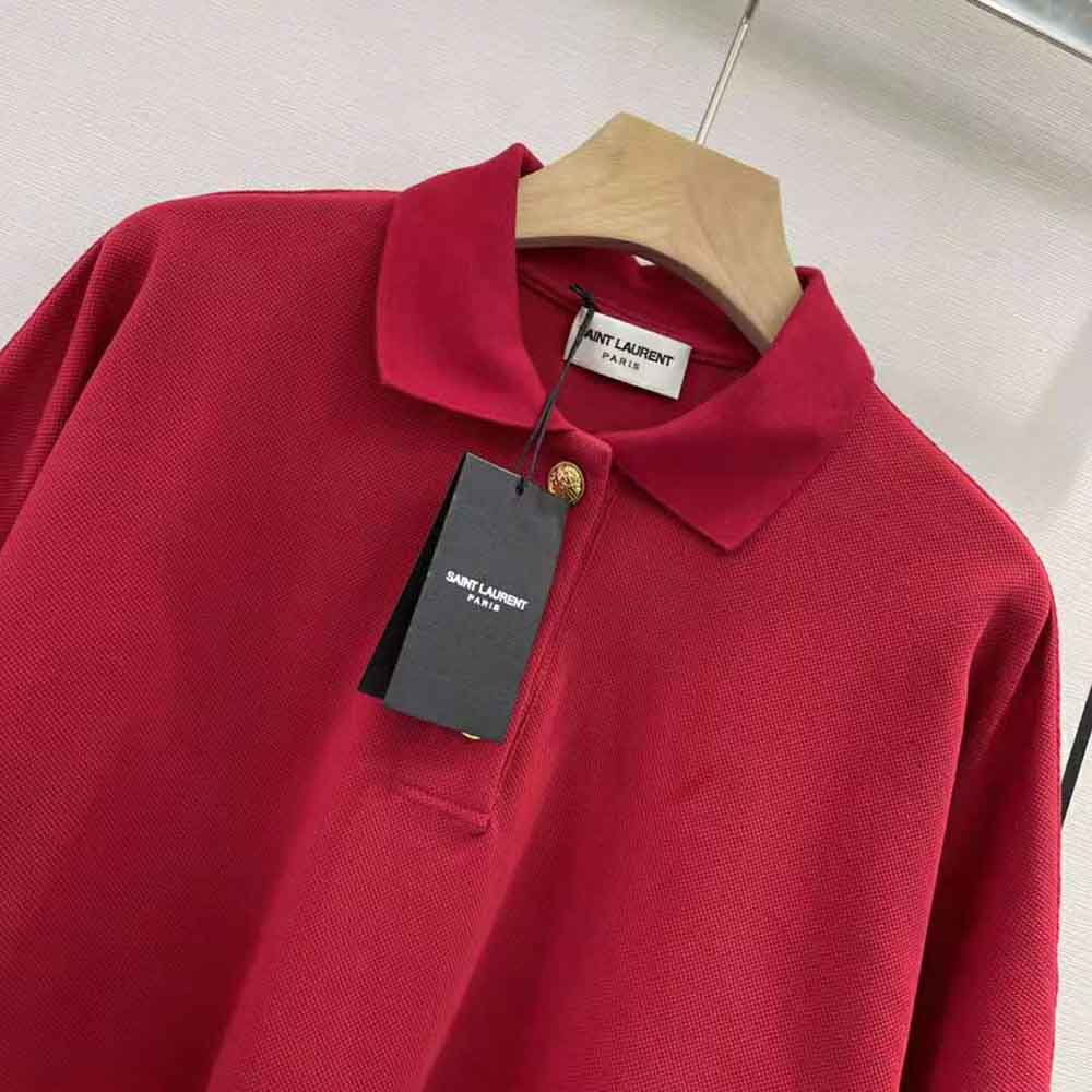 Saint Laurent YSL Women Cropped Polo Shirt in Cotton Piqué-Red - image 4
