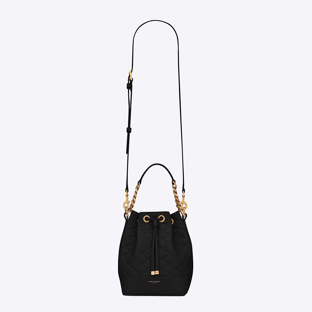 Front view of Saint Laurent YSL Women Emmanuelle Small Bucket Bag in black lambskin