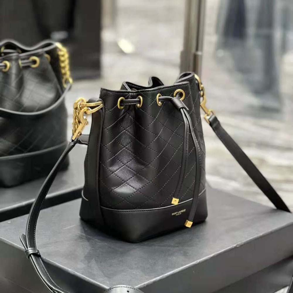 Side angle showing drawstring closure on Saint Laurent YSL Small Bucket Bag
