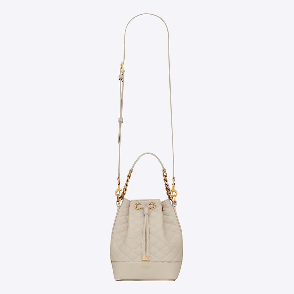 Front view of Saint Laurent YSL Women Emmanuelle Small Bucket Bag in White