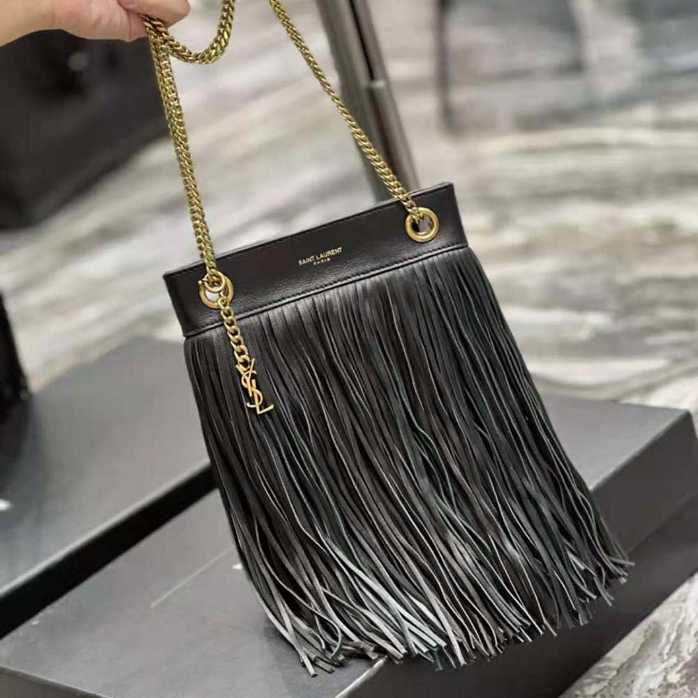Close-up of gold signature YSL logo and chain on Grace Small Chain Bag