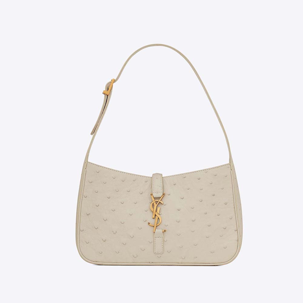 Front view of Saint Laurent YSL Women Le 5 A 7 Hobo Bag in Ostrich-White