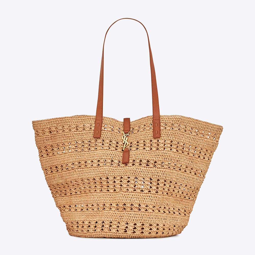 Front view of Saint Laurent YSL Women Panier Medium Bag in brown crochet raffia