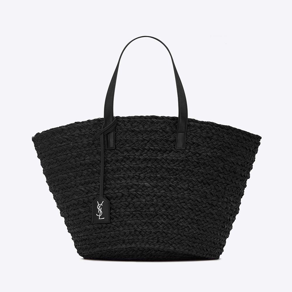 Front view of Saint Laurent YSL Women Panier Medium Bag in Raffia-Black