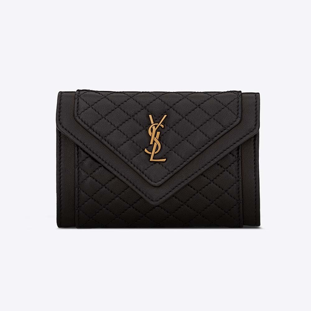 Front view of Saint Laurent YSL Women Vlogo Signature Grainy Calfskin Cardholder with Zipper-Black
