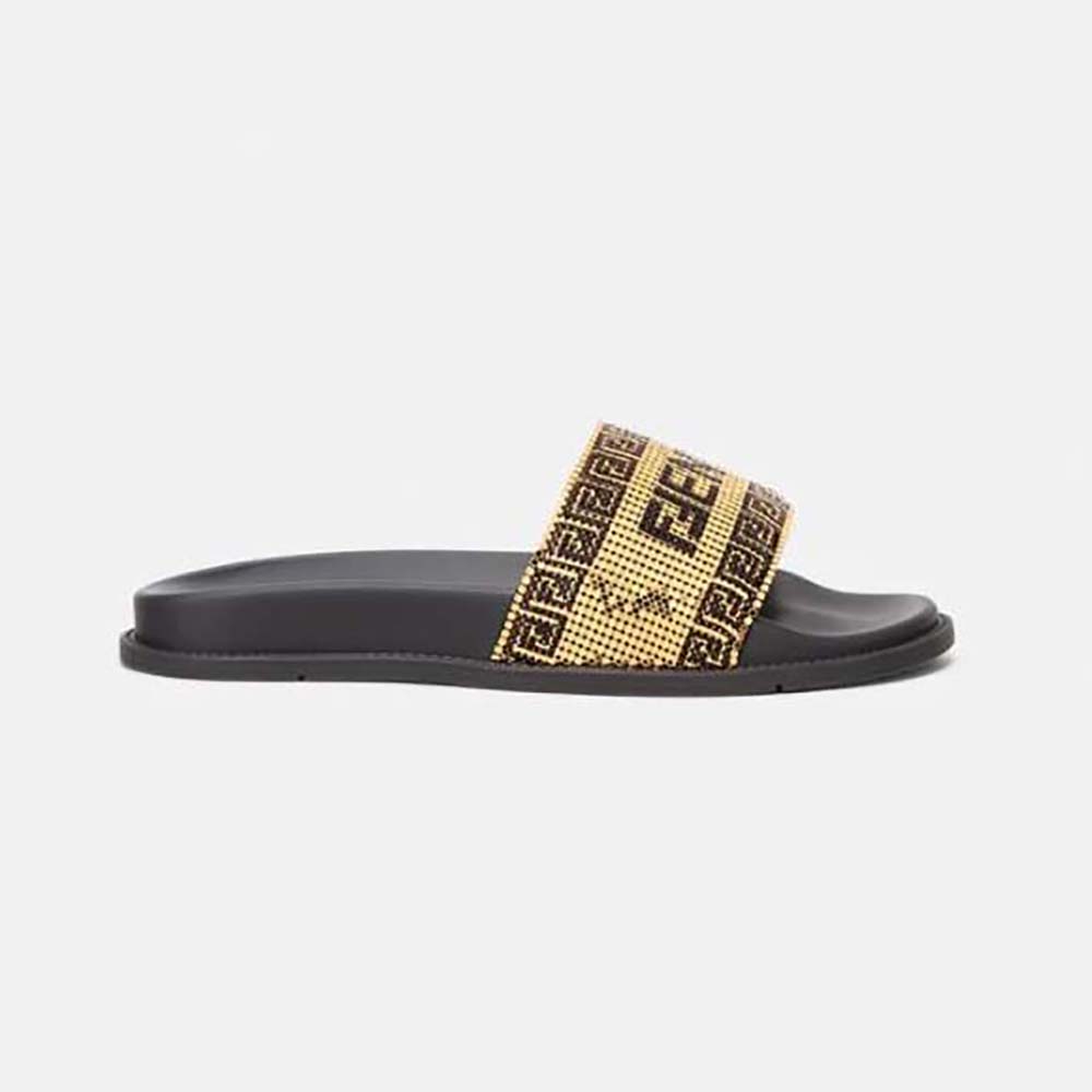 Side view of Versace Unisex Fendace Logo Metal Mesh Sliders-Black