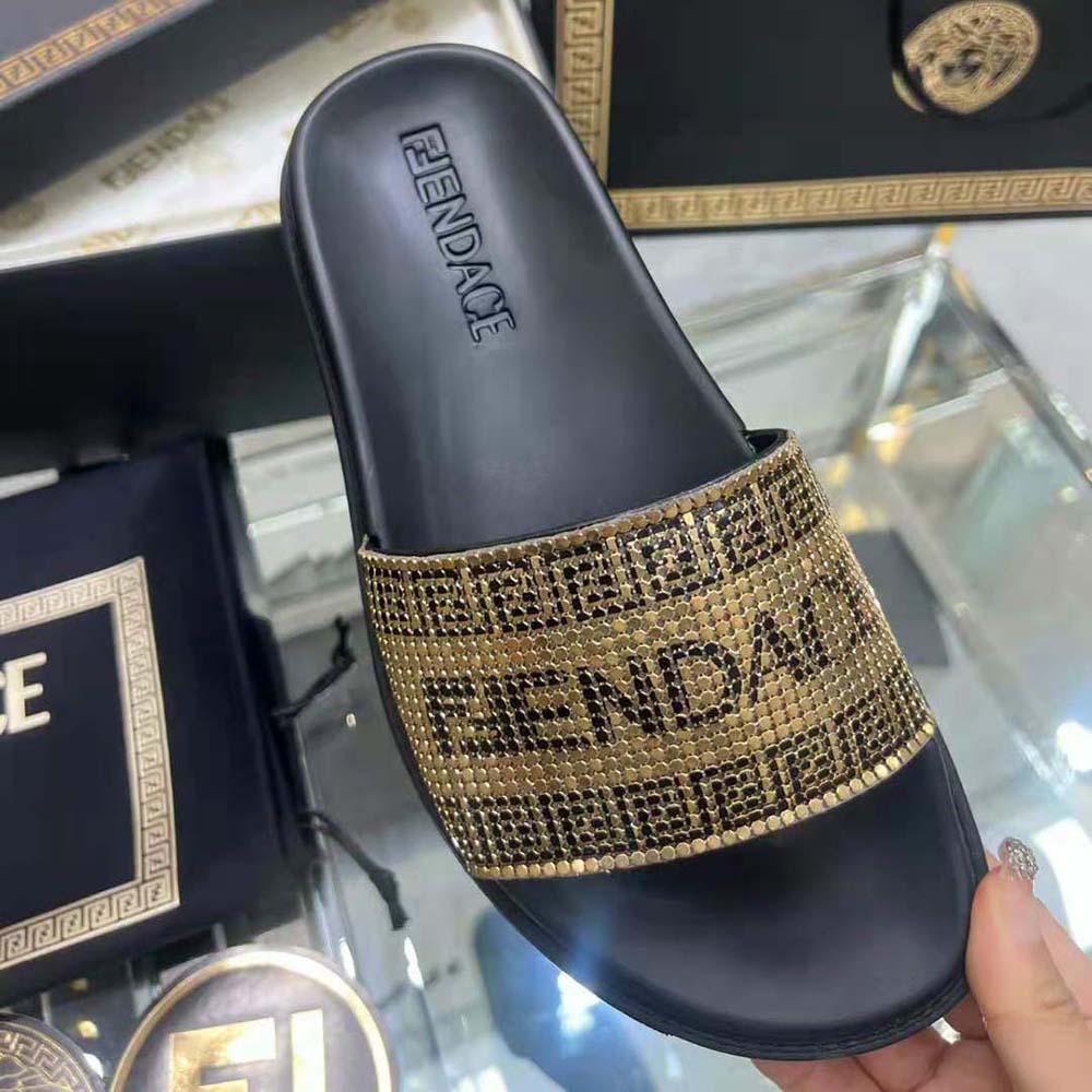 Versace Unisex Fendace Logo Metal Mesh Sliders-Black - image 7