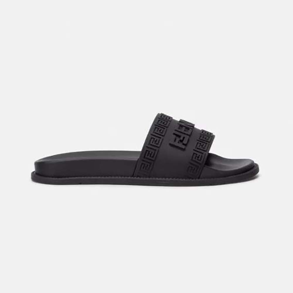 Side angle of Versace Unisex Fendace Logo Sliders-Black showing logo detail