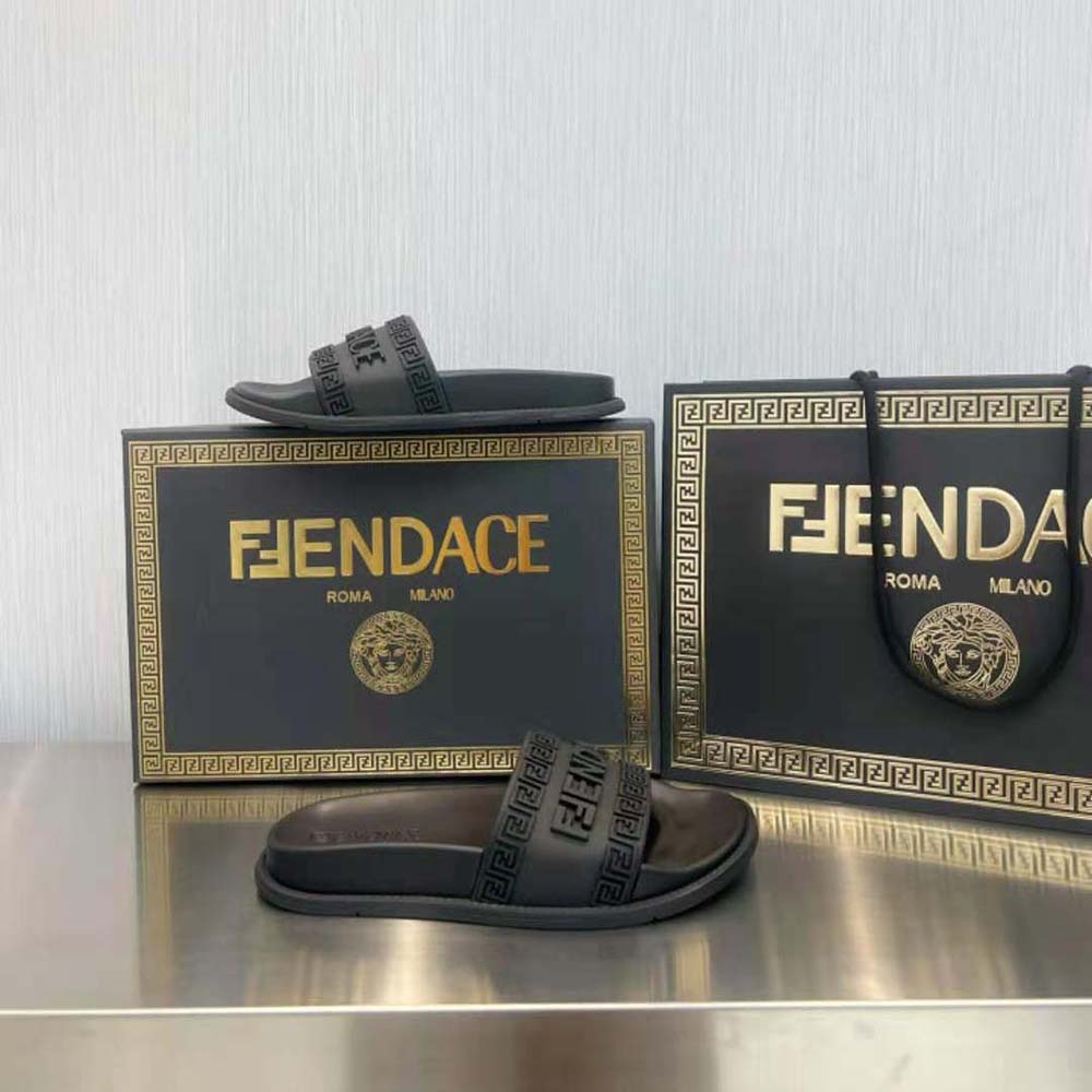 Top view of Versace Unisex Fendace Logo Sliders-Black highlighting footbed