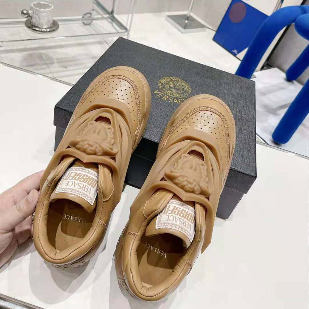 Versace Unisex Odissea Sneakers are Set on Rubber Soles with Perforated Toe Caps-Brown - image 4